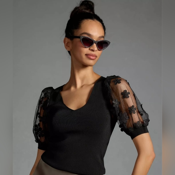 Anthropologie Dolan Floral Applique Top Black Plus Size 2X - Picture 1 of 9